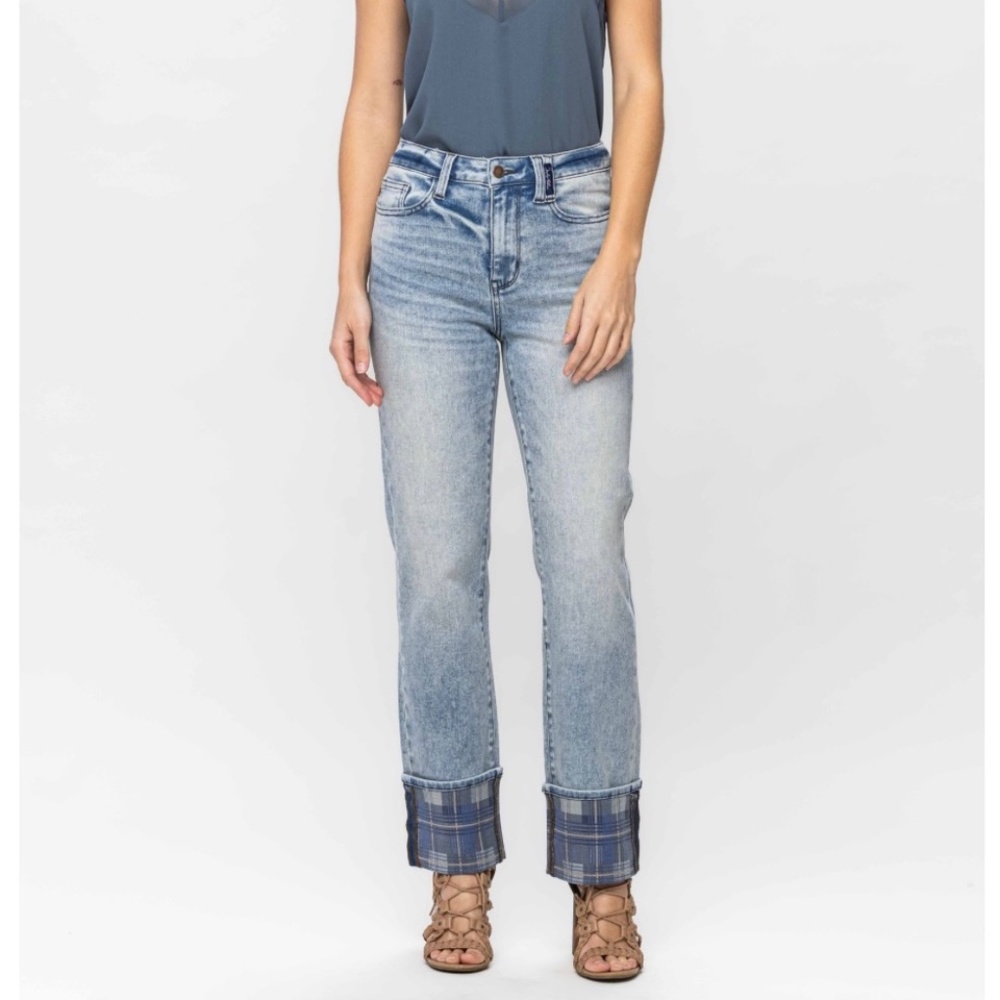 JUDY BLUE HIGH WAIST VINTAGE PLAID CUFF STRAIGHT JEANS